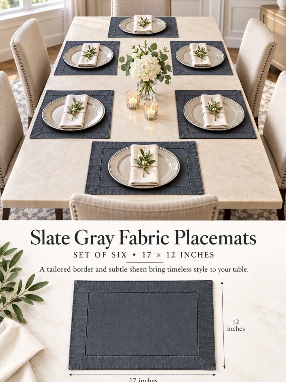 Slate Gray Fabric Placemats — Set of Six